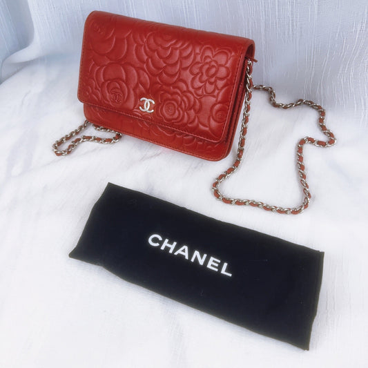 98% NEW - CHANEL Camellia Red Lambskin WOC with Silver Hardware 9 x 4 x 5 cm