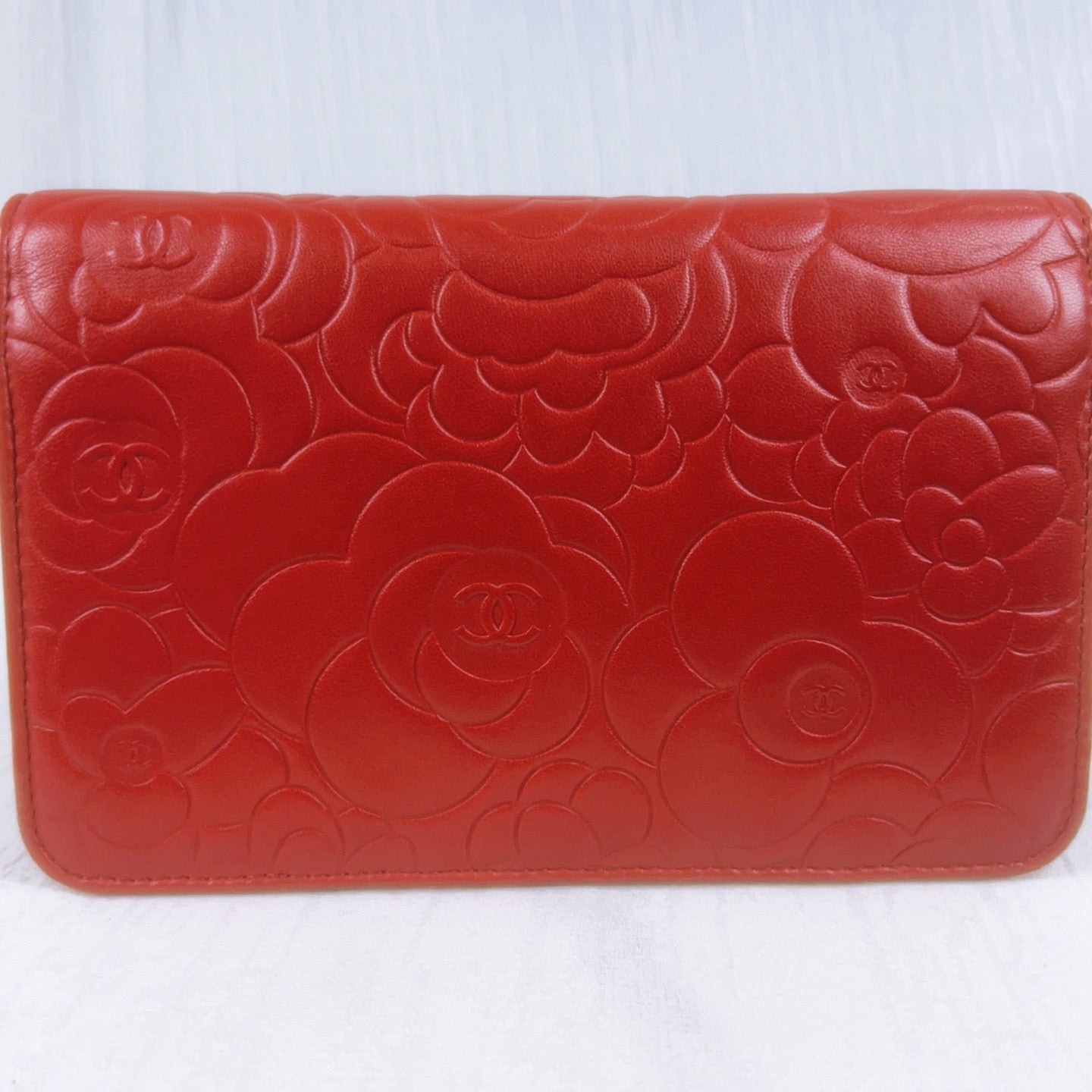 98% NEW - CHANEL Camellia Red Lambskin WOC with Silver Hardware 9 x 4 x 5 cm
