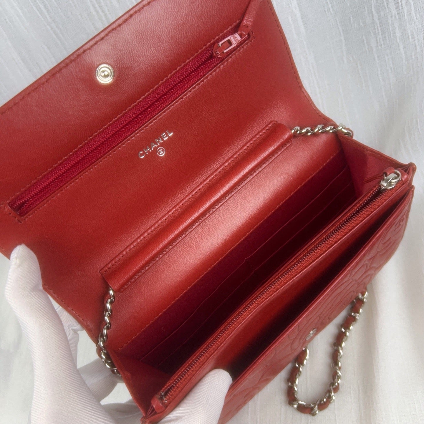 98% NEW - CHANEL Camellia Red Lambskin WOC with Silver Hardware 9 x 4 x 5 cm