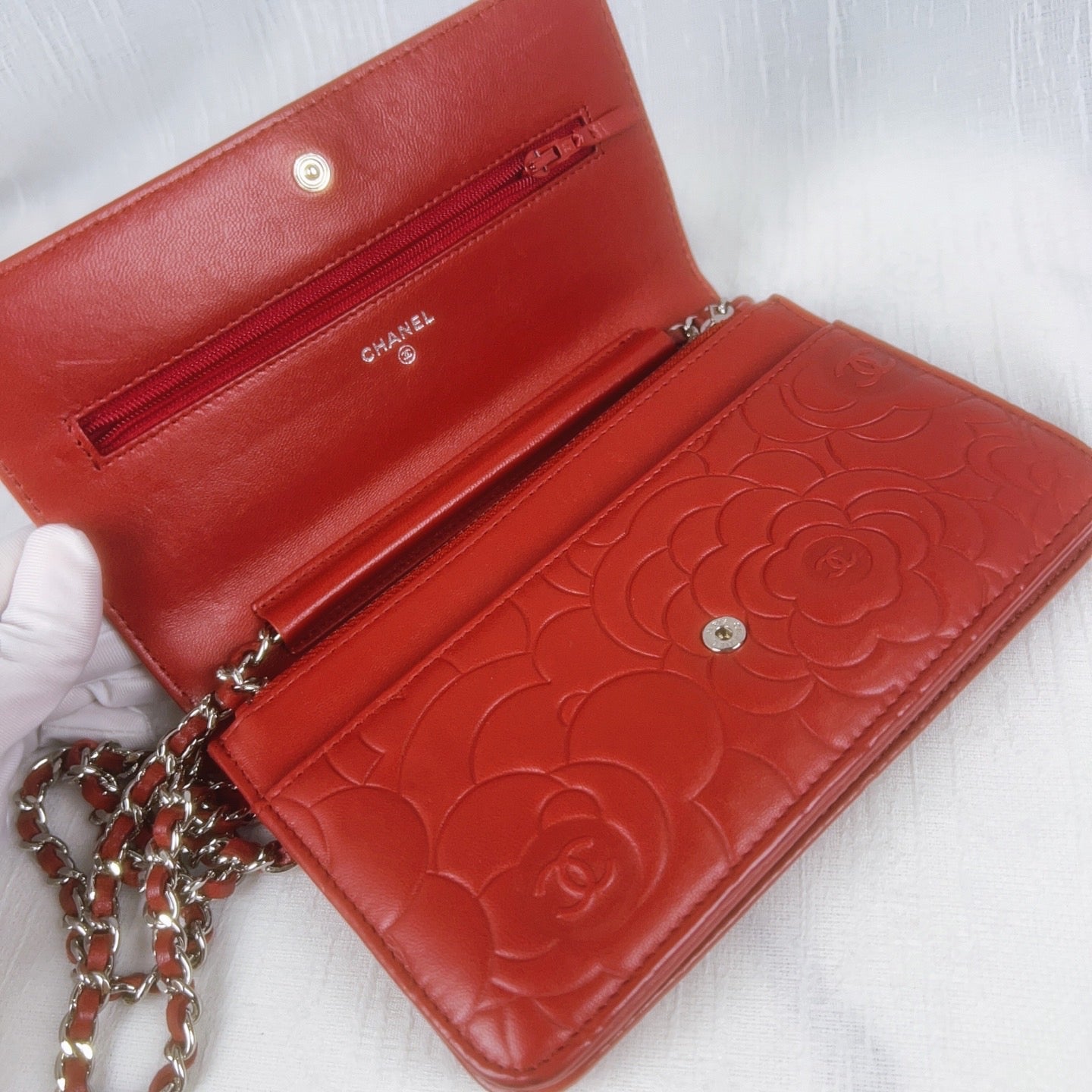 98% NEW - CHANEL Camellia Red Lambskin WOC with Silver Hardware 9 x 4 x 5 cm