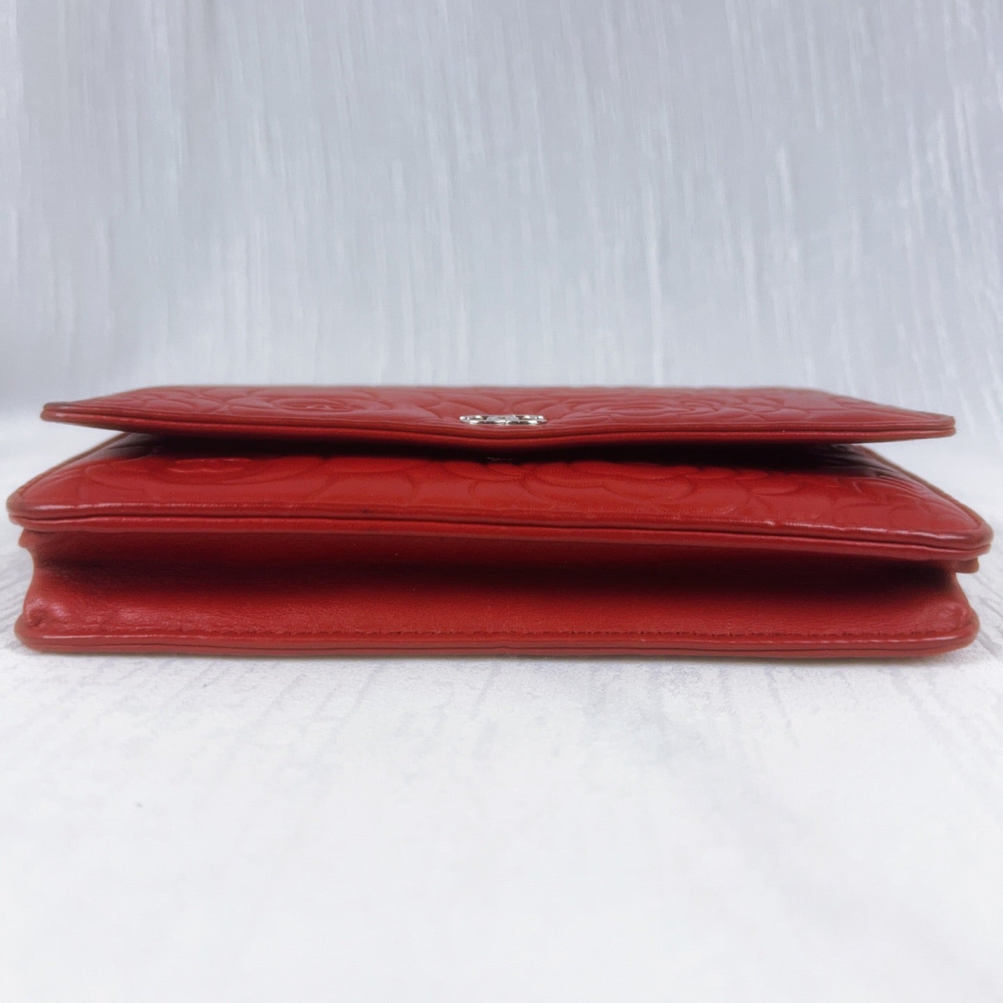 98% NEW - CHANEL Camellia Red Lambskin WOC with Silver Hardware 9 x 4 x 5 cm