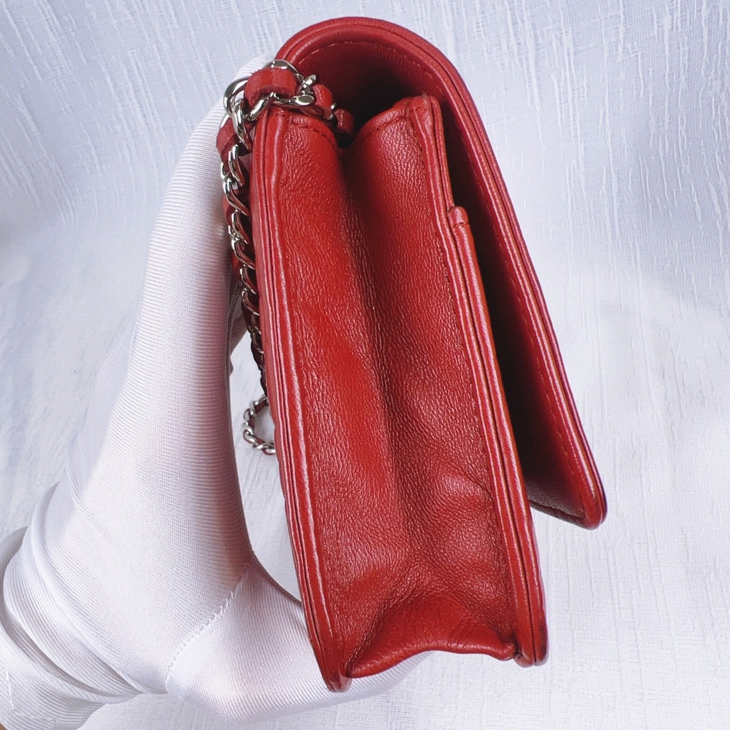 98% NEW - CHANEL Camellia Red Lambskin WOC with Silver Hardware 9 x 4 x 5 cm