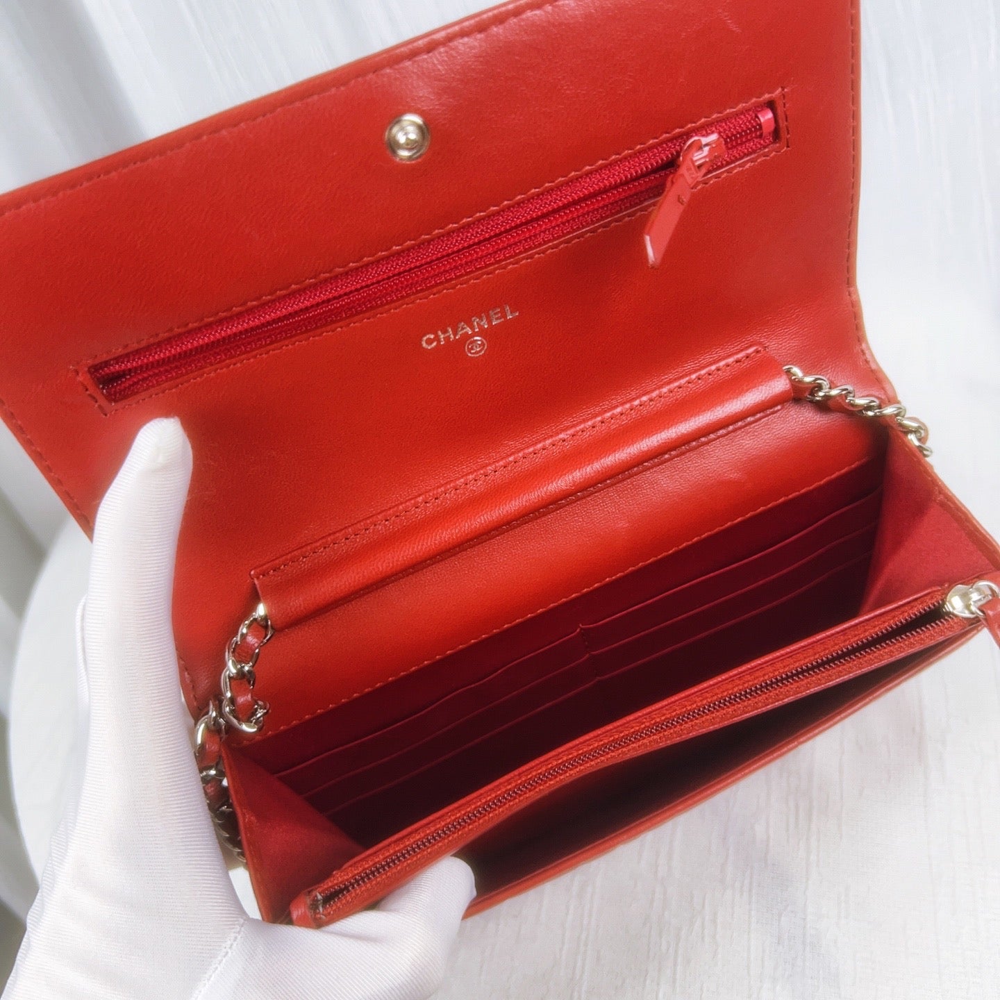 98% NEW - CHANEL Camellia Red Lambskin WOC with Silver Hardware 9 x 4 x 5 cm