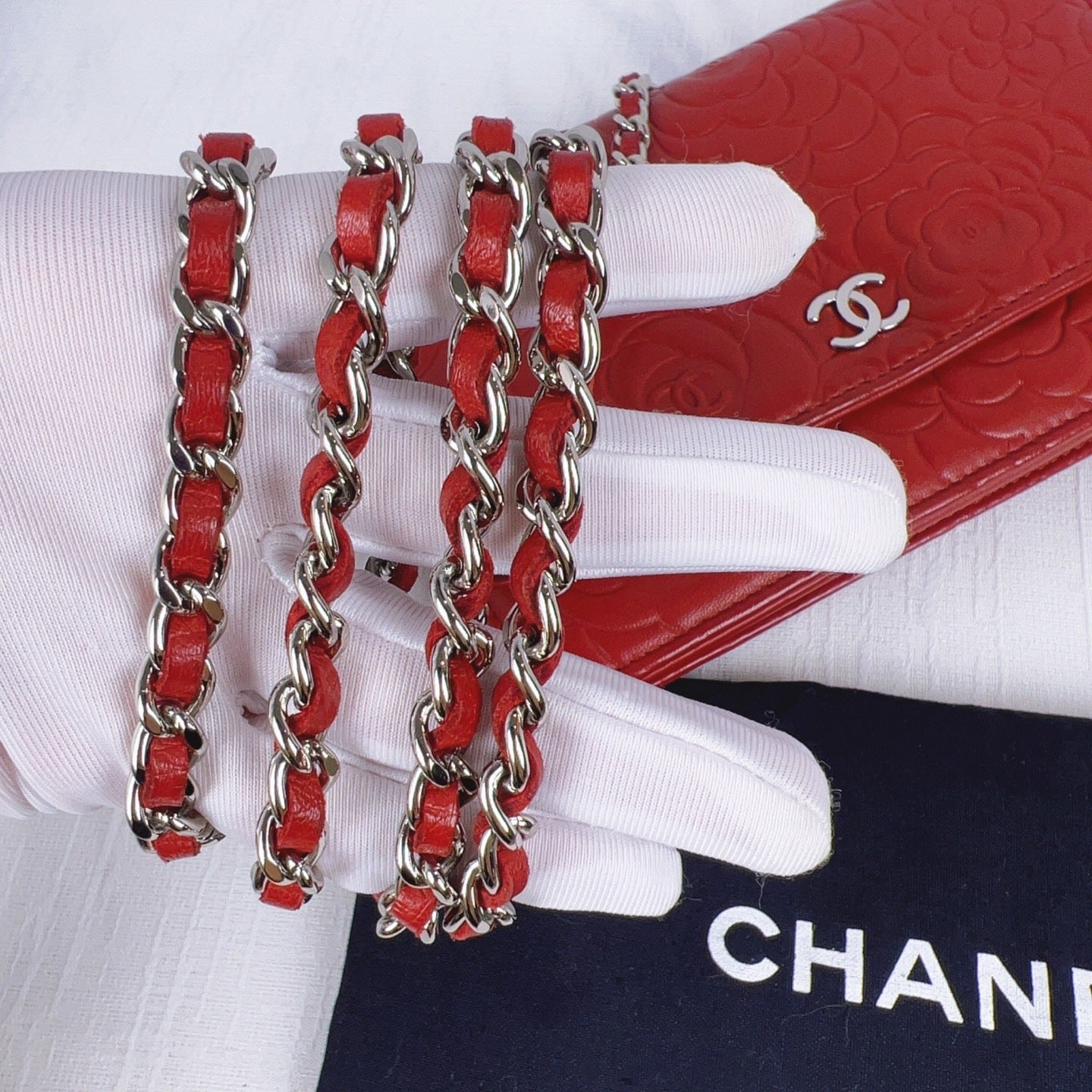 98% NEW - CHANEL Camellia Red Lambskin WOC with Silver Hardware 9 x 4 x 5 cm